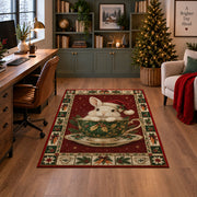 Bunny in Holly Teacup Christmas area rug in a home office with a Christmas tree