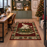 Bunny in Holly Teacup Christmas area rug in a home office beside a desk