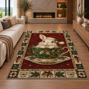 Bunny in Holly Teacup Christmas area rug in a living room with a fireplace