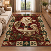 Barn Owl in Santa Coat Christmas area rug in a living room beside a sofa