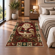 Barn Owl in Santa Coat Christmas area rug in a bedroom beside the bed