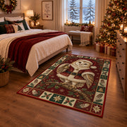 Barn Owl in Santa Coat Christmas area rug in a bedroom with festive decor