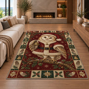 Barn Owl in Santa Coat Christmas area rug in a living room with a fireplace