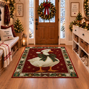 Goose with Plaid Bow Christmas area rug in a Christmas-decorated entryway
