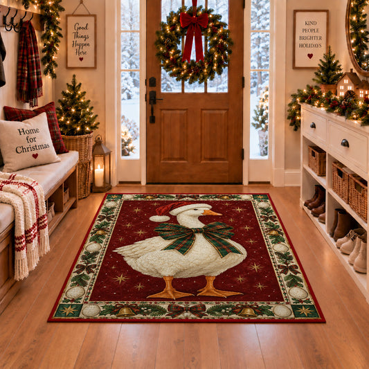 Goose with Plaid Bow Christmas area rug in a Christmas-decorated entryway