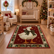 Goose with Plaid Bow Christmas area rug in a nursery with a crib