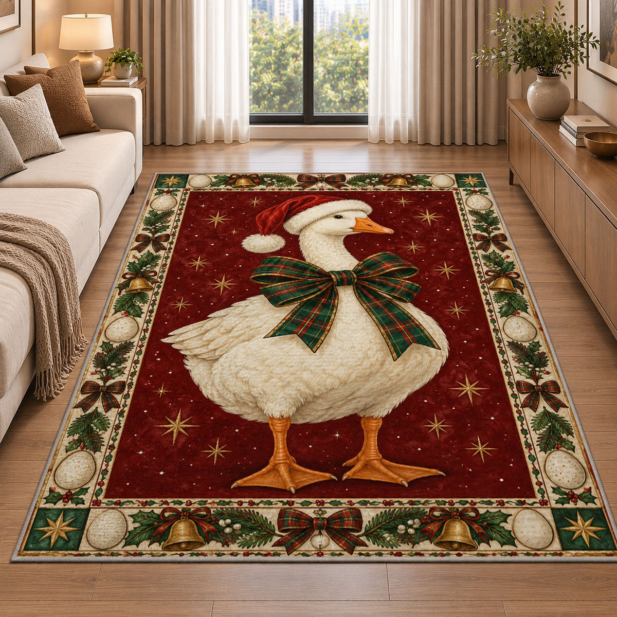 Goose with Plaid Bow Christmas area rug in a living room beside a sofa