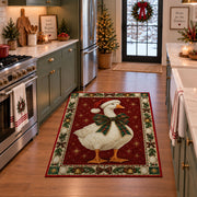 Goose with Plaid Bow Christmas area rug in a holiday kitchen
