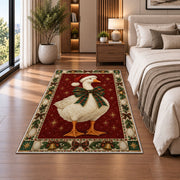 Goose with Plaid Bow Christmas area rug in a bedroom beside the bed