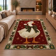 Goose with Plaid Bow Christmas area rug in a living room with a fireplace