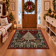 Woodland Christmas Tree with Deer Christmas area rug in a Christmas-decorated entryway