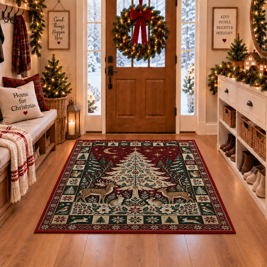Woodland Christmas Tree with Deer Christmas area rug in a Christmas-decorated entryway