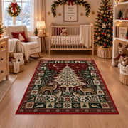 Woodland Christmas Tree with Deer Christmas area rug in a nursery with a crib