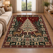 Woodland Christmas Tree with Deer Christmas area rug in a living room beside a sofa