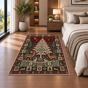 Woodland Christmas Tree with Deer Christmas area rug in a bedroom beside the bed