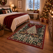 Woodland Christmas Tree with Deer Christmas area rug in a bedroom with festive decor