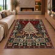 Woodland Christmas Tree with Deer Christmas area rug in a living room with a fireplace