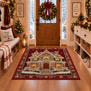 Gingerbread House Christmas area rug in a Christmas-decorated entryway