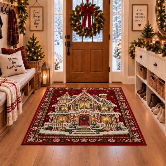 Gingerbread House Christmas area rug in a Christmas-decorated entryway