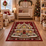 Gingerbread House Christmas area rug in a nursery with a crib