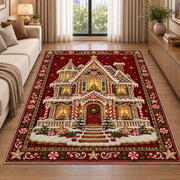 Gingerbread House Christmas area rug in a living room beside a sofa