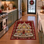 Gingerbread House Christmas area rug in a holiday kitchen
