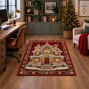 Gingerbread House Christmas area rug in a home office with a Christmas tree