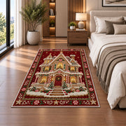 Gingerbread House Christmas area rug in a bedroom beside the bed