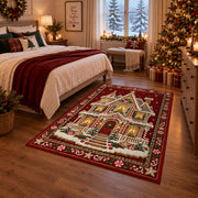 Gingerbread House Christmas area rug in a bedroom with festive decor