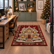 Gingerbread House Christmas area rug in a home office beside a desk