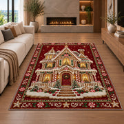 Gingerbread House Christmas area rug in a living room with a fireplace