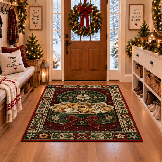 Christmas Cookie Tin Christmas area rug in a Christmas-decorated entryway