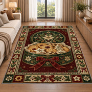 Christmas Cookie Tin Christmas area rug in a living room beside a sofa