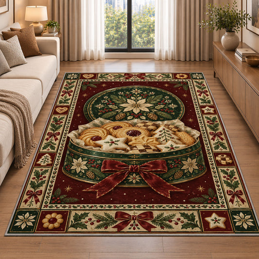 Christmas Cookie Tin Christmas area rug in a living room beside a sofa