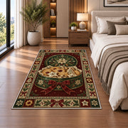 Christmas Cookie Tin Christmas area rug in a bedroom beside the bed