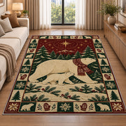 Polar Bear and Cub Christmas area rug in a living room beside a sofa