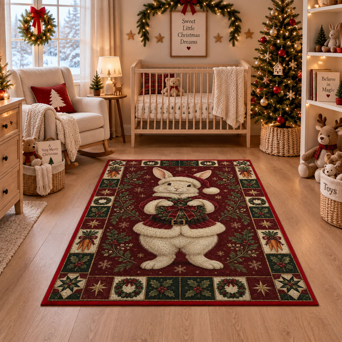 Bunny in Santa Suit Christmas area rug in a nursery with a crib