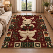 Bunny in Santa Suit Christmas area rug in a living room beside a sofa