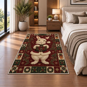 Bunny in Santa Suit Christmas area rug in a bedroom beside the bed