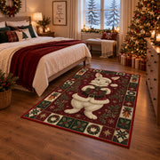 Bunny in Santa Suit Christmas area rug in a bedroom with festive decor