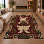 Bunny in Santa Suit Christmas area rug in a living room with a fireplace