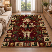 Christmas Elf with Gift Christmas area rug in a living room beside a sofa