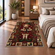 Christmas Elf with Gift Christmas area rug in a bedroom beside the bed