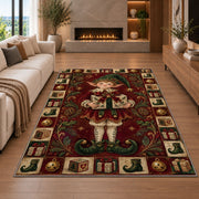 Christmas Elf with Gift Christmas area rug in a living room with a fireplace