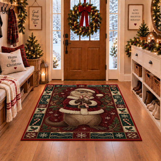 Otter in Santa Suit Christmas area rug in a Christmas-decorated entryway