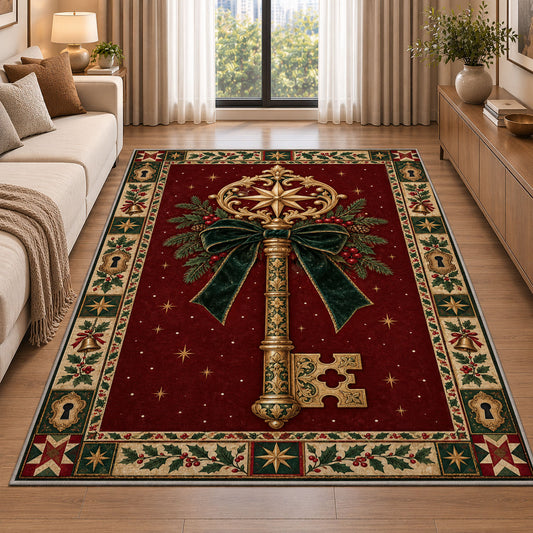 Golden Key with Velvet Bow Christmas area rug in a living room beside a sofa