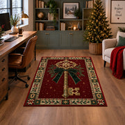 Golden Key with Velvet Bow Christmas area rug in a home office with a Christmas tree