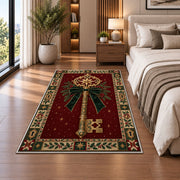 Golden Key with Velvet Bow Christmas area rug in a bedroom beside the bed