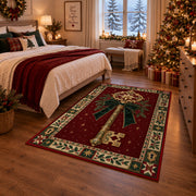 Golden Key with Velvet Bow Christmas area rug in a bedroom with festive decor