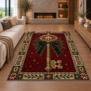 Golden Key with Velvet Bow Christmas area rug in a living room with a fireplace